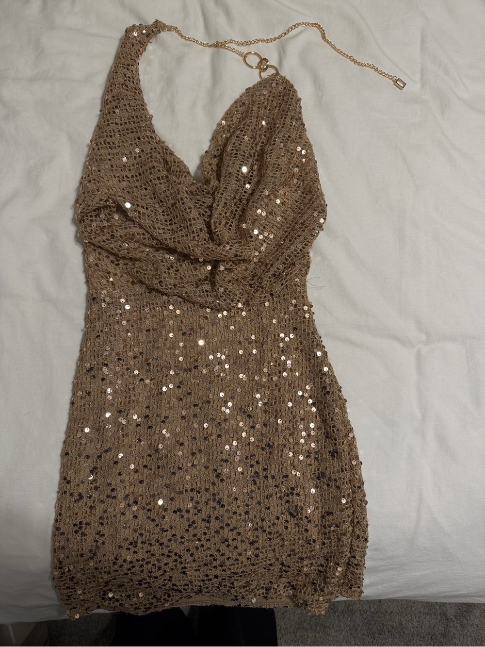 Gold sequin dress with chain detail